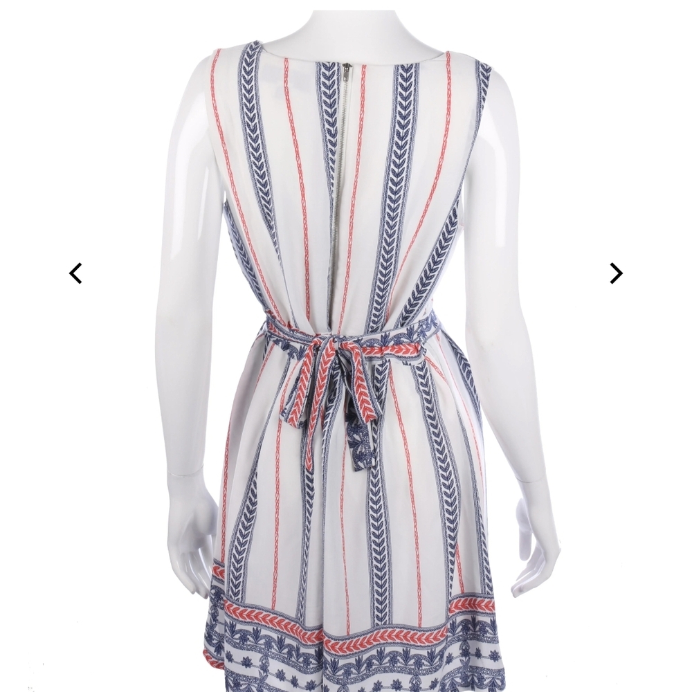 White Dress with Blue and Red Stripes